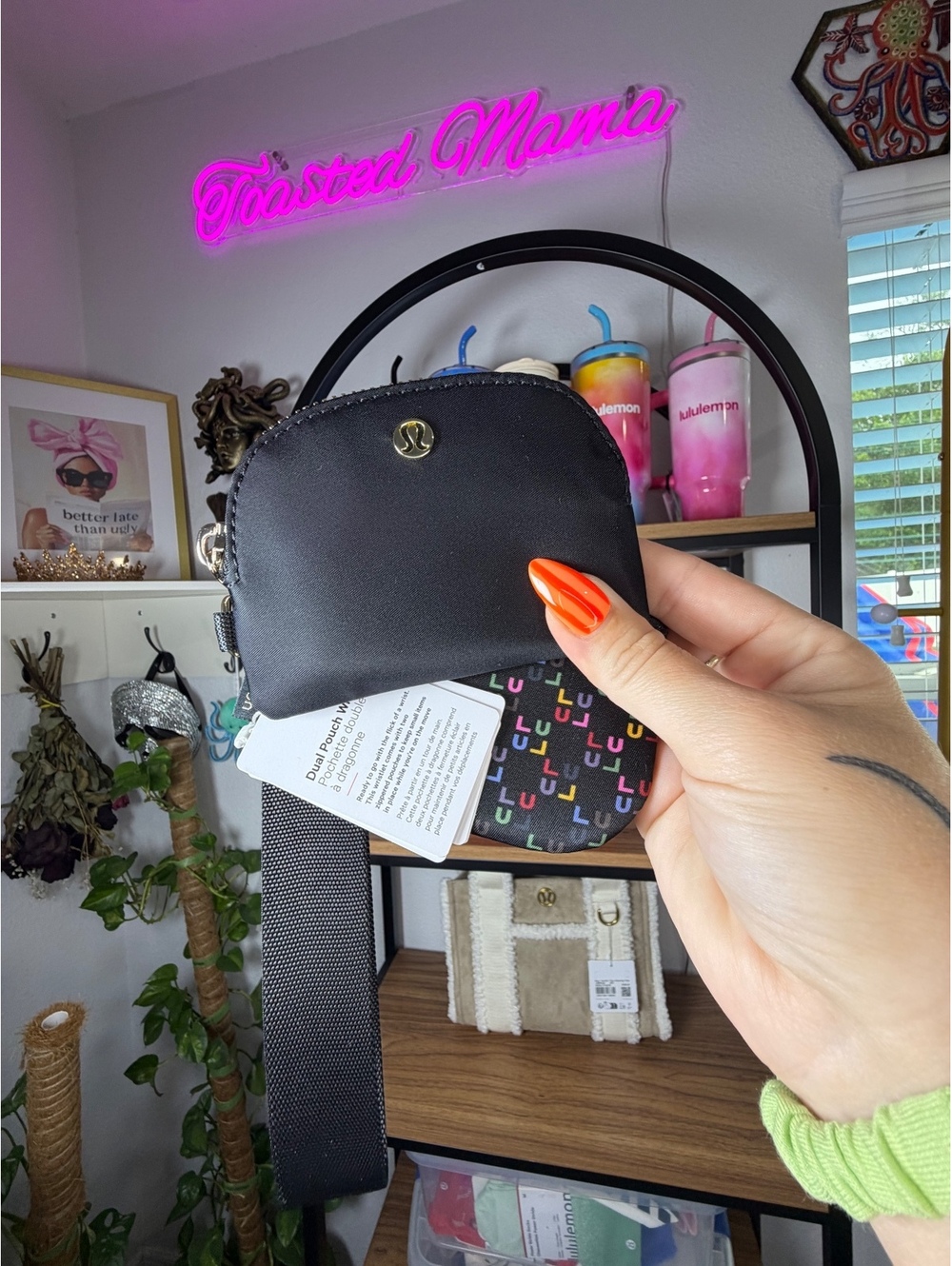 Lululemon Dual Pouch Wristlet Black Multicolor LULU Monogram Print Gold Hardware